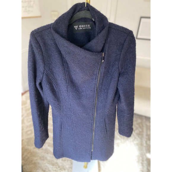 Guess Los Angeles Wool Coat Navy Asymmetrical Zip Quiet Luxury Cottagecore Trend - Picture 10 of 16